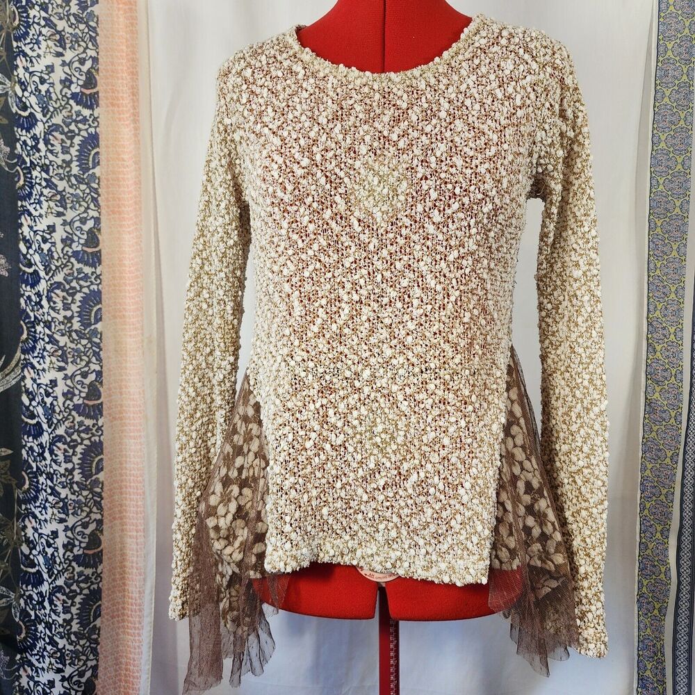 PRIMROSE Brown White With Gold Thread,‎ Lace Sweater Size XS